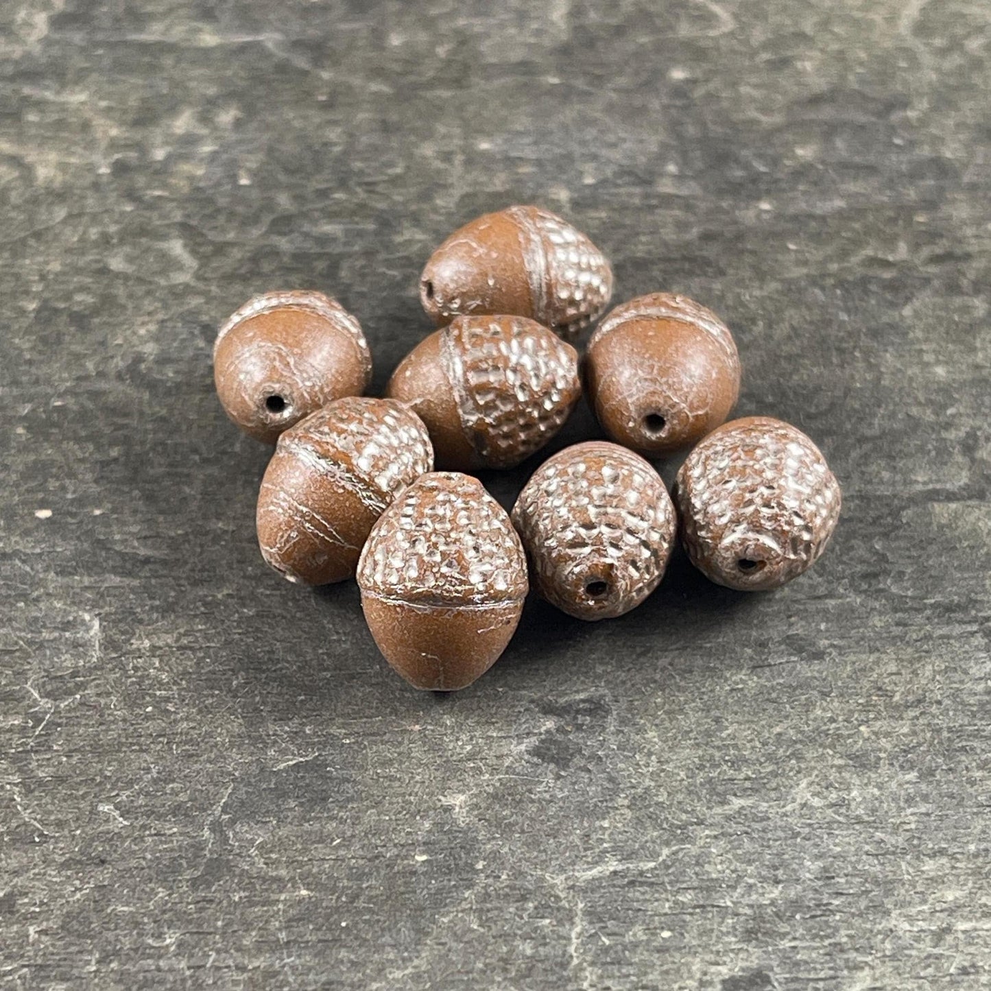 Czech Glass Beads - Acorn Beads, 10x12mm Oval Beads, Opaque Light Brown with Silver Wash (ACN/N-1850) * 8 Beads