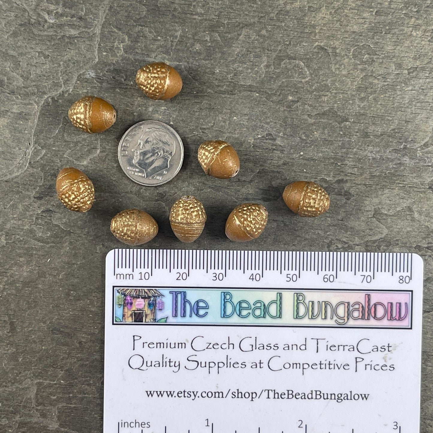 Czech Glass Beads - Acorn Beads, 10x12mm Oval Beads, Opaque Mustard Brown with Gold Wash (ACN/N-1849) * 8 Beads