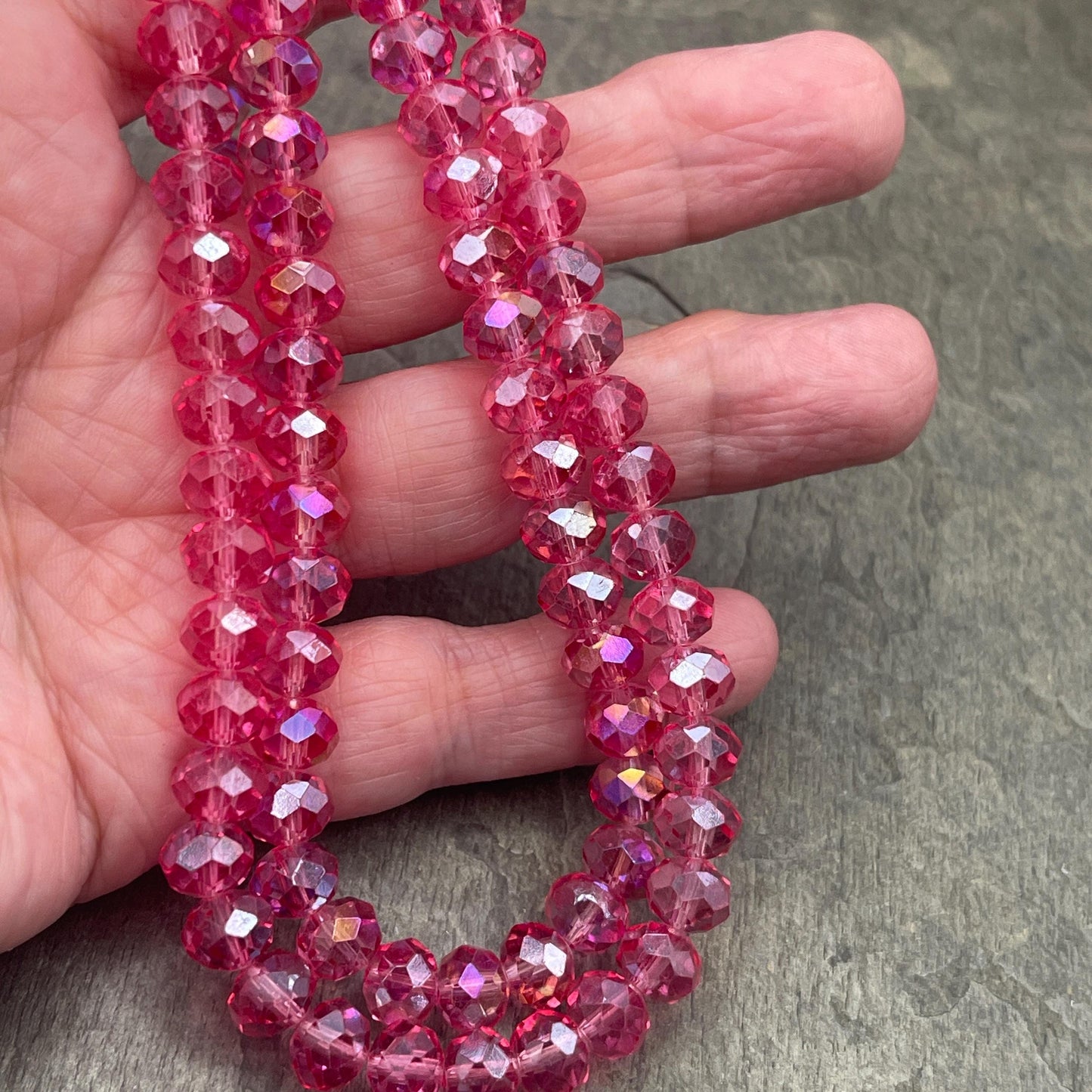 Rose Pink 8x6mm Faceted Glass Beads, Transparent Dark Pink Rondelles (RosePink-8) * 36 Beads