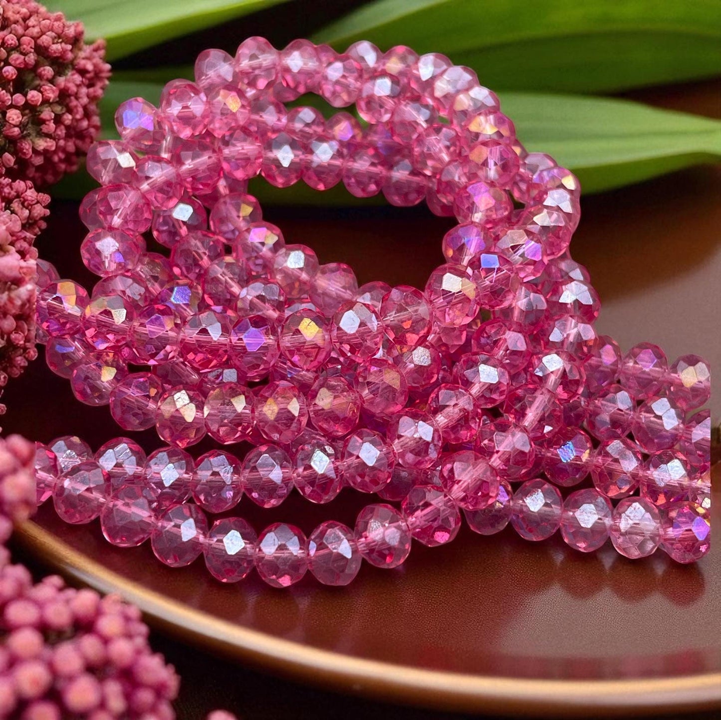 Rose Pink 8x6mm Faceted Glass Beads, Transparent Dark Pink Rondelles (RosePink-8) * 36 Beads