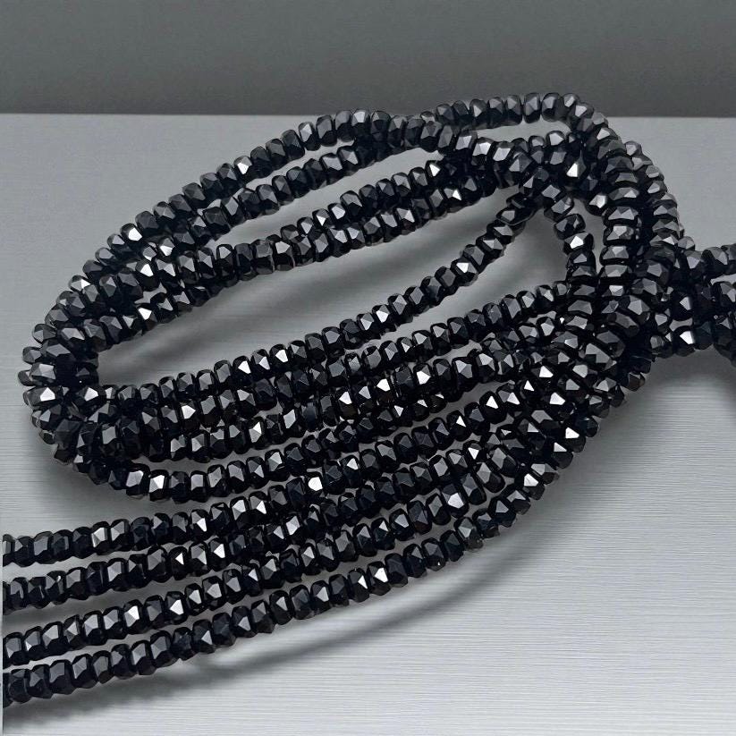 Faceted Glass Beads - 4x2.5mm Heishi Rondelles, Jet Black, Opaque (Black) * 7" Strand