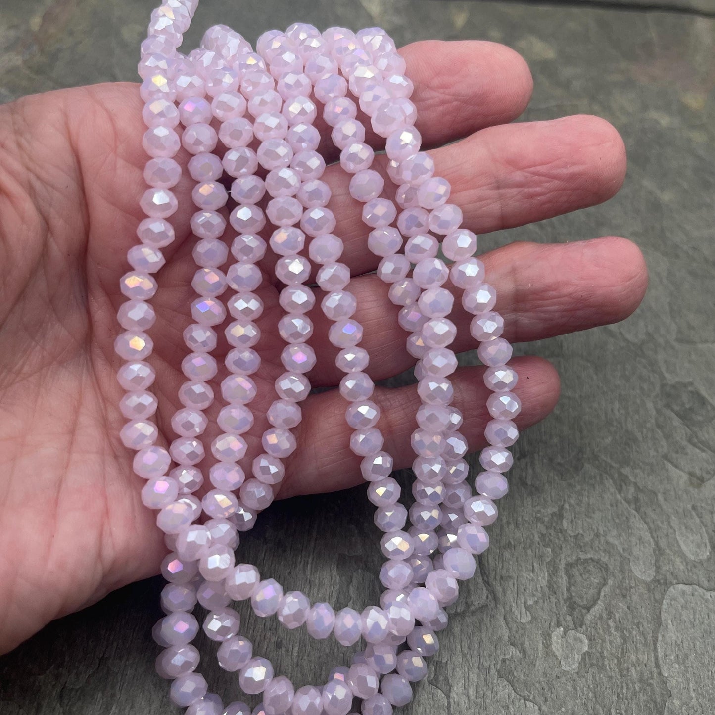 6x5mm Faceted Glass Beads, Pale Pastel Pink Faceted Rondelles with AB Finish (PalePinkAB-6) * 80 Beads