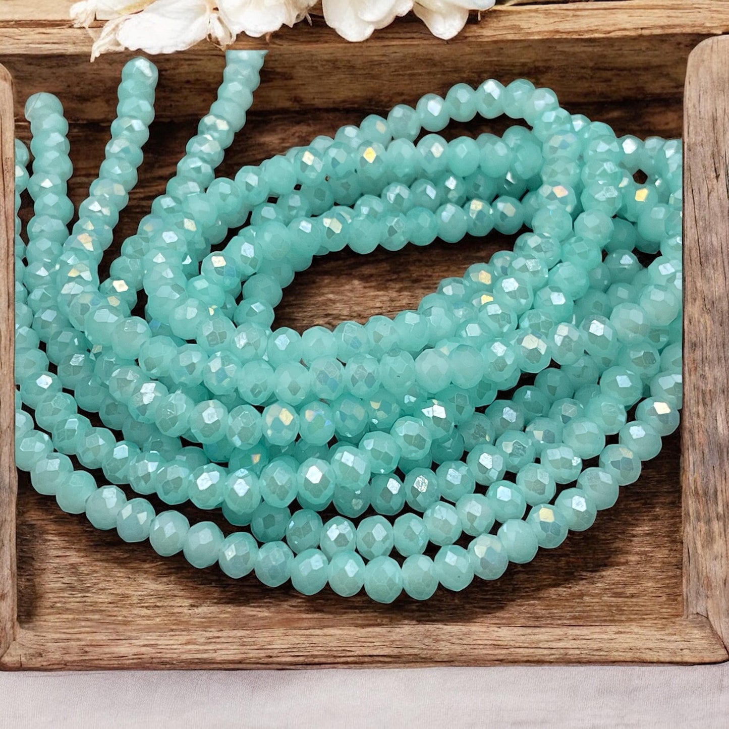 6x5mm Faceted Glass Beads, Milky Light Aqua with AB Finish Rondelles (MilkyAquaAB-6) * 80 Beads