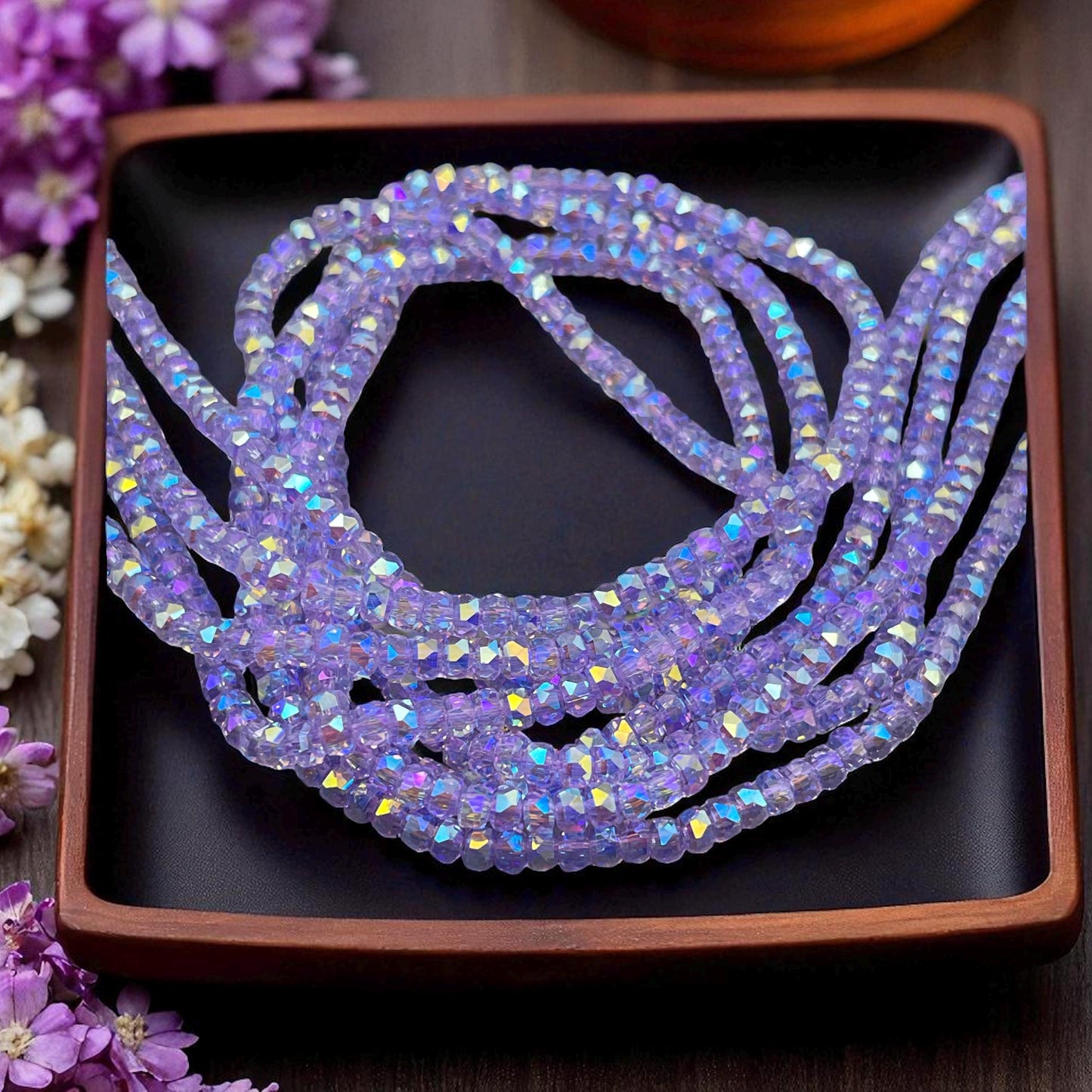 Faceted Glass Beads - 4x2.5mm Heishi Rondelles, Transparent Thistle, Pale Purple with Rainbow AB Finish (Thistle-AB) * 7" Strand