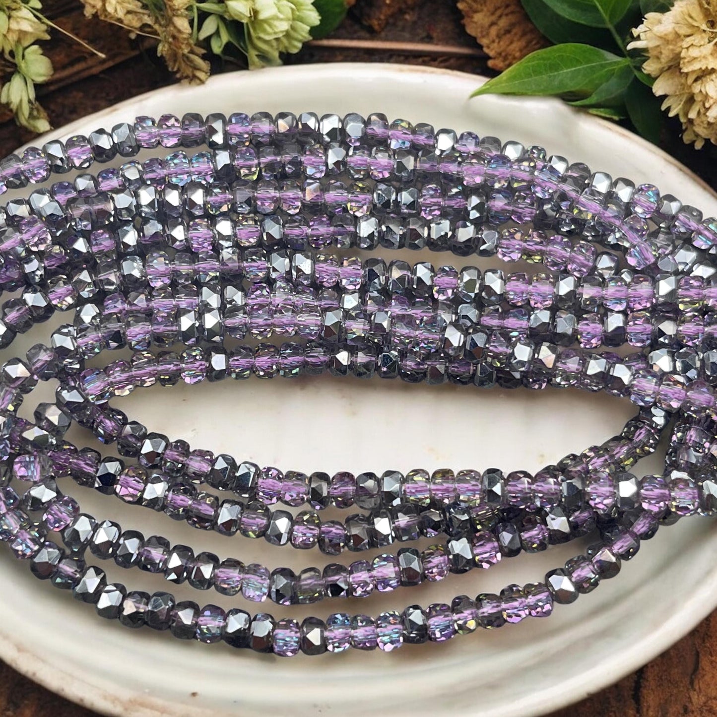 Faceted Glass Beads - 4x2.5mm Heishi Rondelles, Transparent Light Amethyst with Silver Half-tone (SilverAmethyst) * 7" Strand
