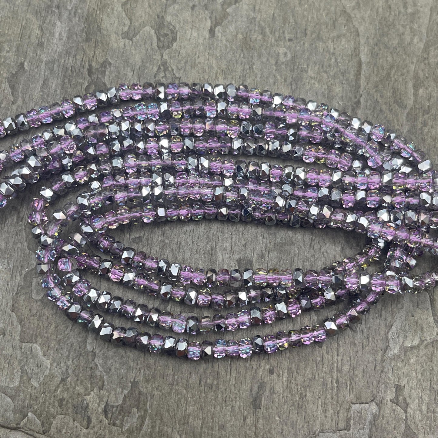 Faceted Glass Beads - 4x2.5mm Heishi Rondelles, Transparent Light Amethyst with Silver Half-tone (SilverAmethyst) * 7" Strand
