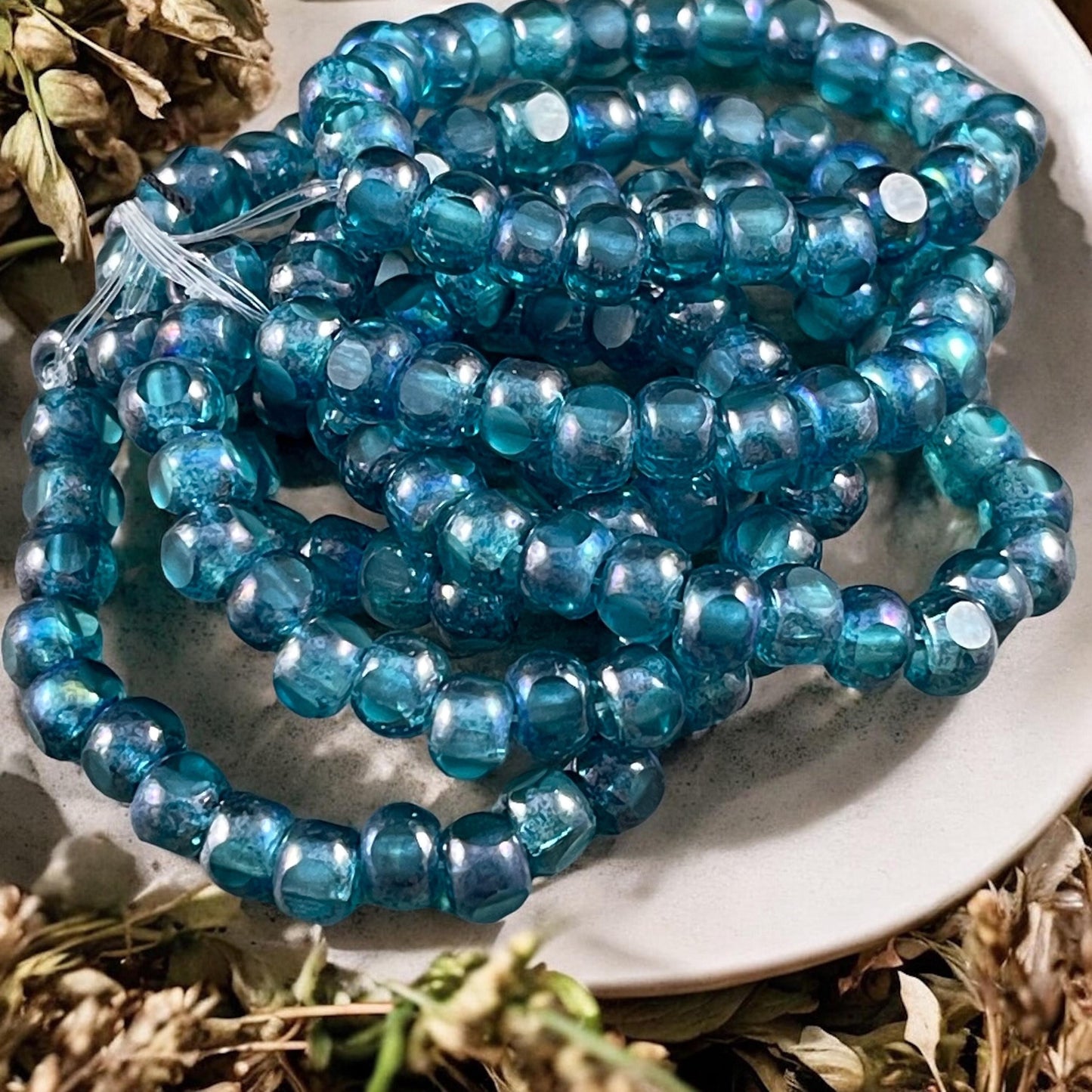 Czech Glass Beads - 5x4mm with 2mm Hole, Teal Blue Picasso Tri-Cut Glass Rondelles (TRC/N-2141) * Qty. 25