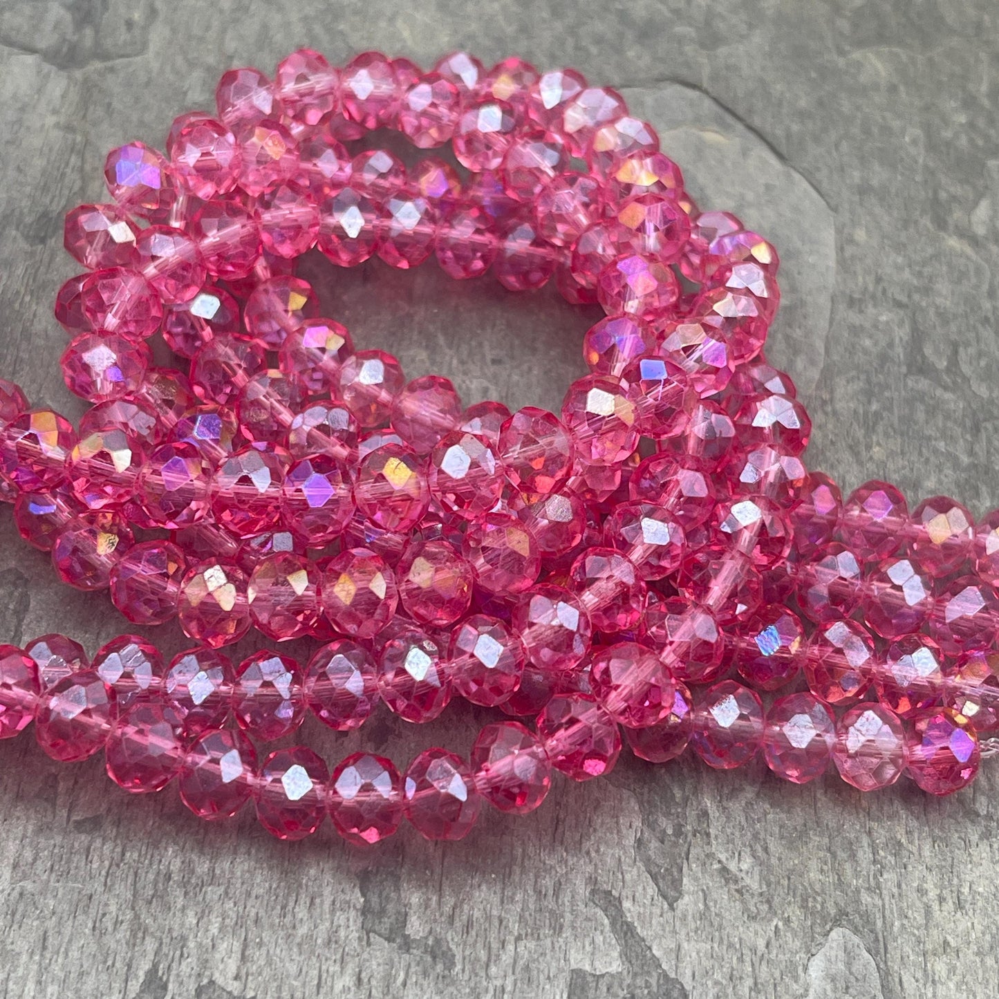 Rose Pink 8x6mm Faceted Glass Beads, Transparent Dark Pink Rondelles (RosePink-8) * 36 Beads