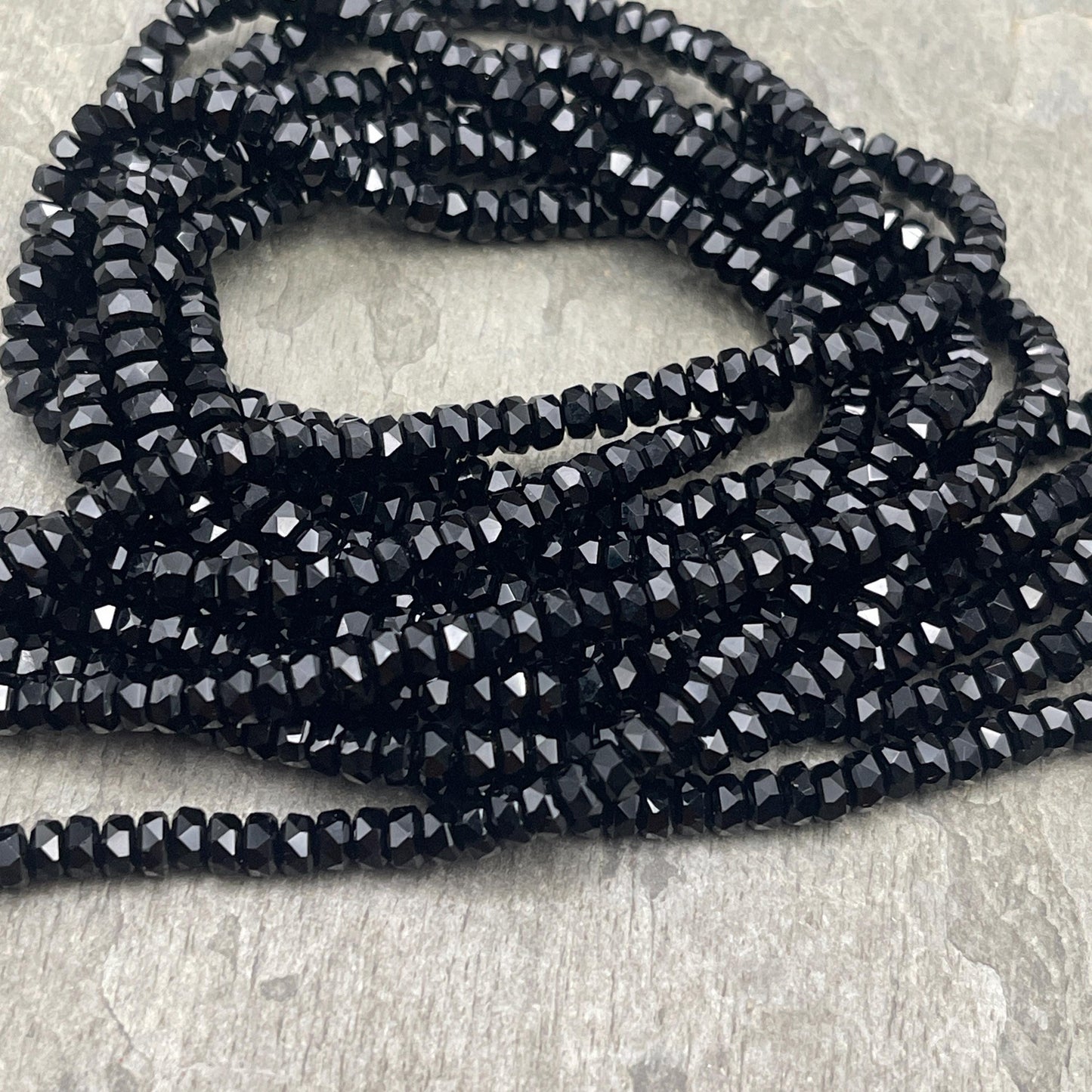 Faceted Glass Beads - 4x2.5mm Heishi Rondelles, Jet Black, Opaque (Black) * 7" Strand