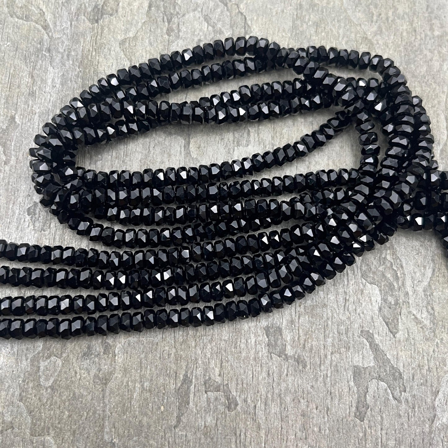 Faceted Glass Beads - 4x2.5mm Heishi Rondelles, Jet Black, Opaque (Black) * 7" Strand