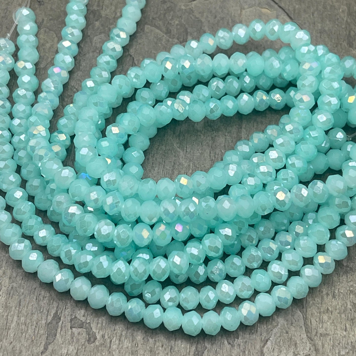6x5mm Faceted Glass Beads, Milky Light Aqua with AB Finish Rondelles (MilkyAquaAB-6) * 80 Beads