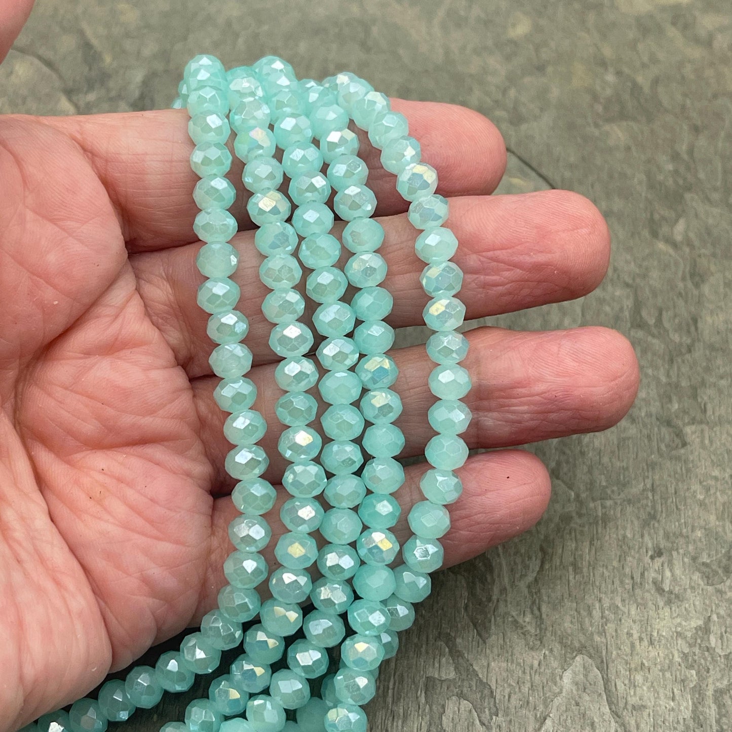 6x5mm Faceted Glass Beads, Milky Light Aqua with AB Finish Rondelles (MilkyAquaAB-6) * 80 Beads