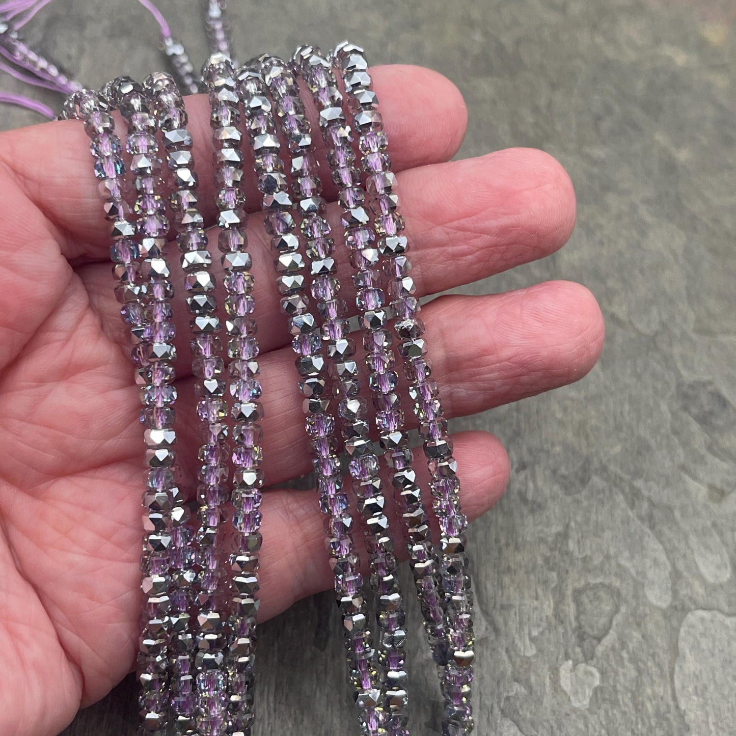 Faceted Glass Beads - 4x2.5mm Heishi Rondelles, Transparent Light Amethyst with Silver Half-tone (SilverAmethyst) * 7" Strand