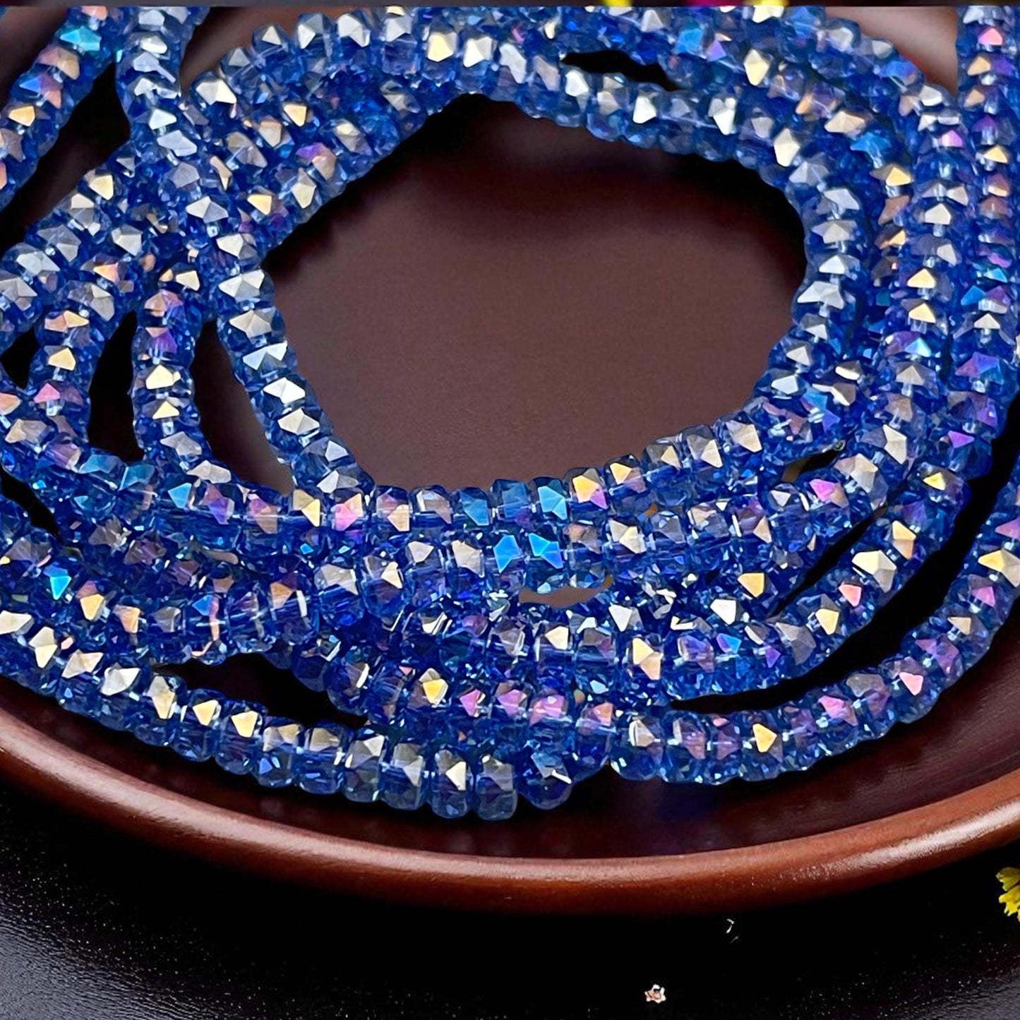 Faceted Glass Beads - 4x2.5mm Heishi Rondelles, Transparent Light Sapphire Blue with AB Finish (LtSapphire-AB) * 7" Strand