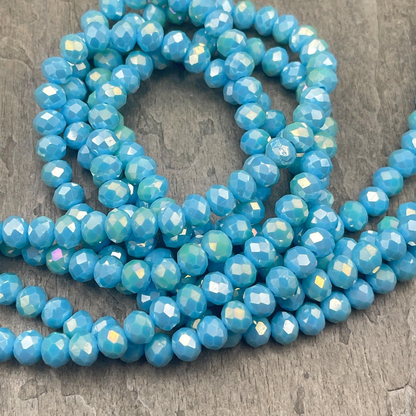 Opaque Blue 8x6mm Rondelle, Sky Blue Faceted Glass Beads with AB Finish (SkyBlueAB-8) * 36 Beads