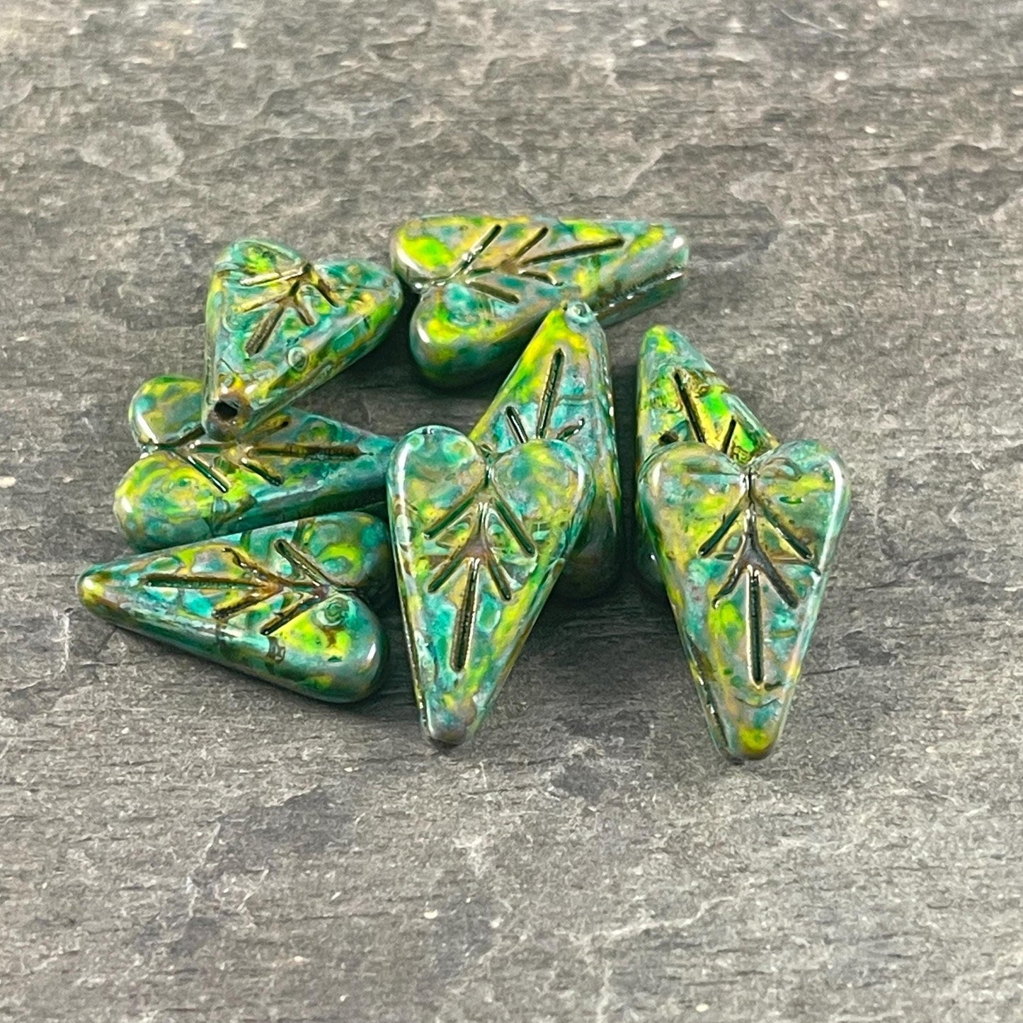 Czech Glass Beads, 16x11mm Elongated Heart Shape Beads, Opaque Rain Forest Green, Yellow and Blue Picasso (PHL11) * Qty. 8