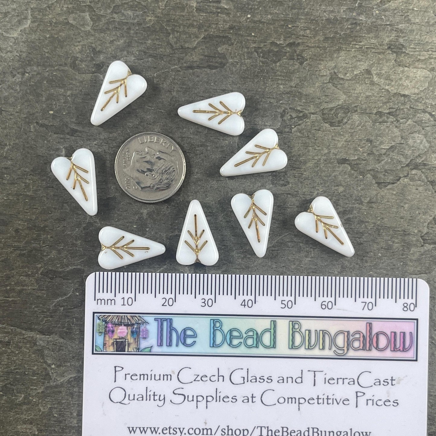 Czech Glass Beads, 16x11mm Elongated Heart Shape Beads, White with Antiqued Gold Wash (PHL10) * Qty. 8