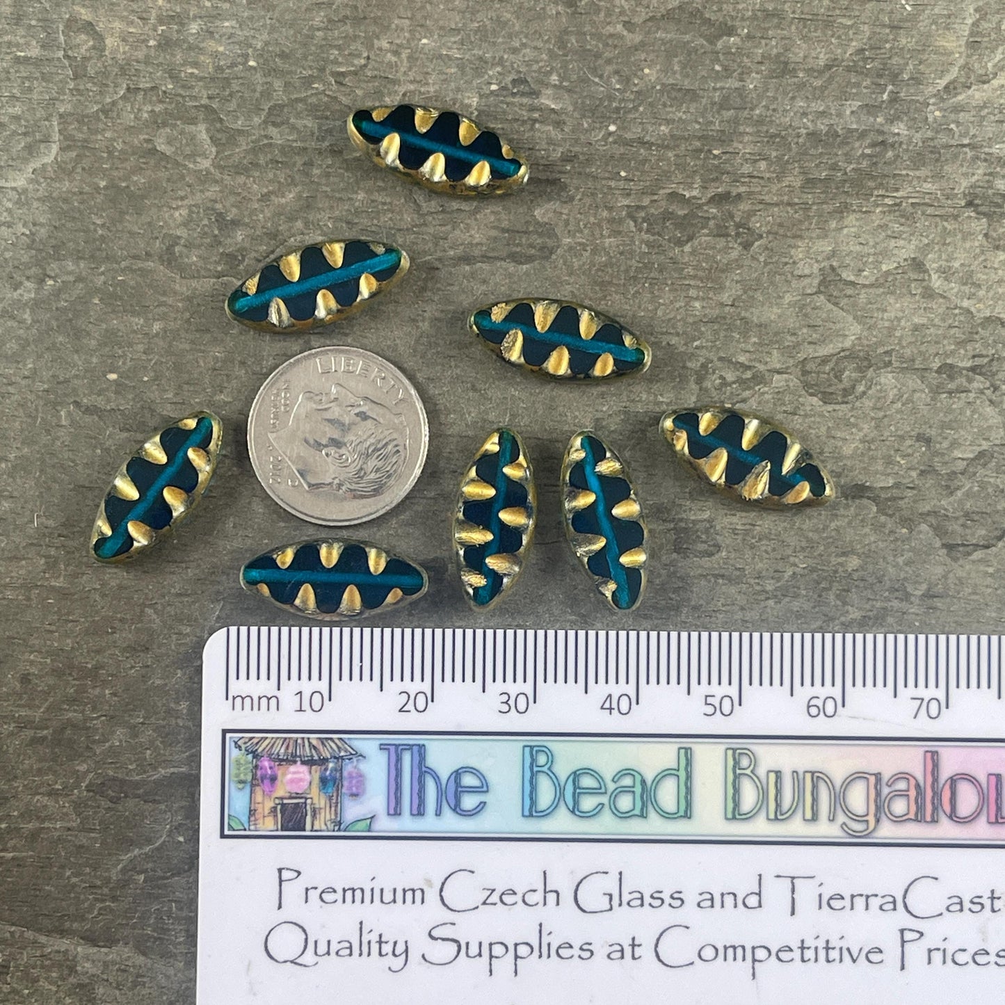 Czech Glass Beads - Capri Blue and Gold Oval Spindle Bead, 17x8mm Table Cut Spindle (TSpndl-13) * Qty. 8