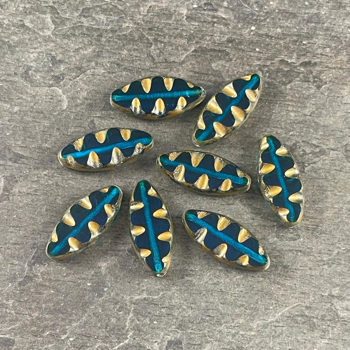 Czech Glass Beads - Capri Blue and Gold Oval Spindle Bead, 17x8mm Table Cut Spindle (TSpndl-13) * Qty. 8