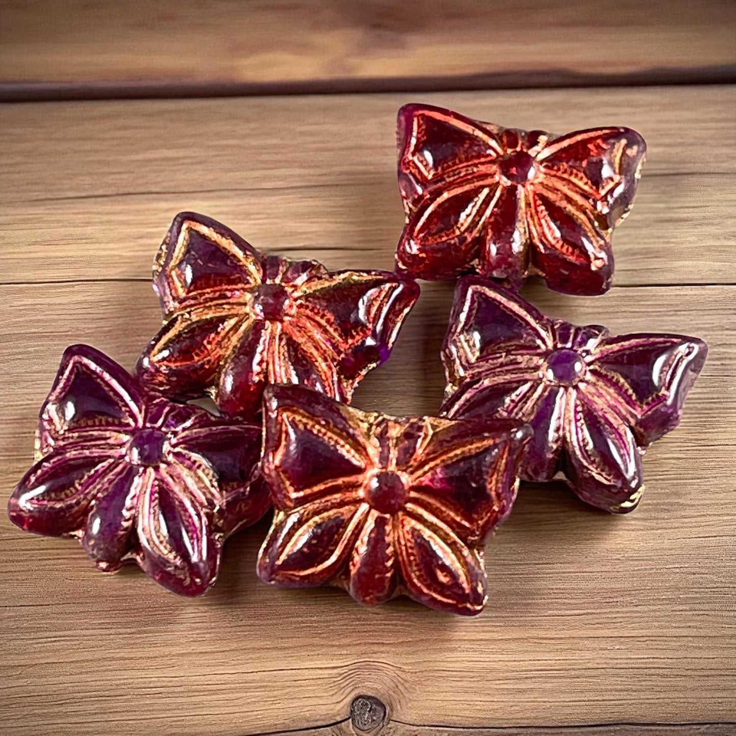 Czech Glass Beads, 15x12mm Double-Sided Butterfly Bead, Fuchsia Butterflies with Copper Wash (Bfly-10) * Qty. 6