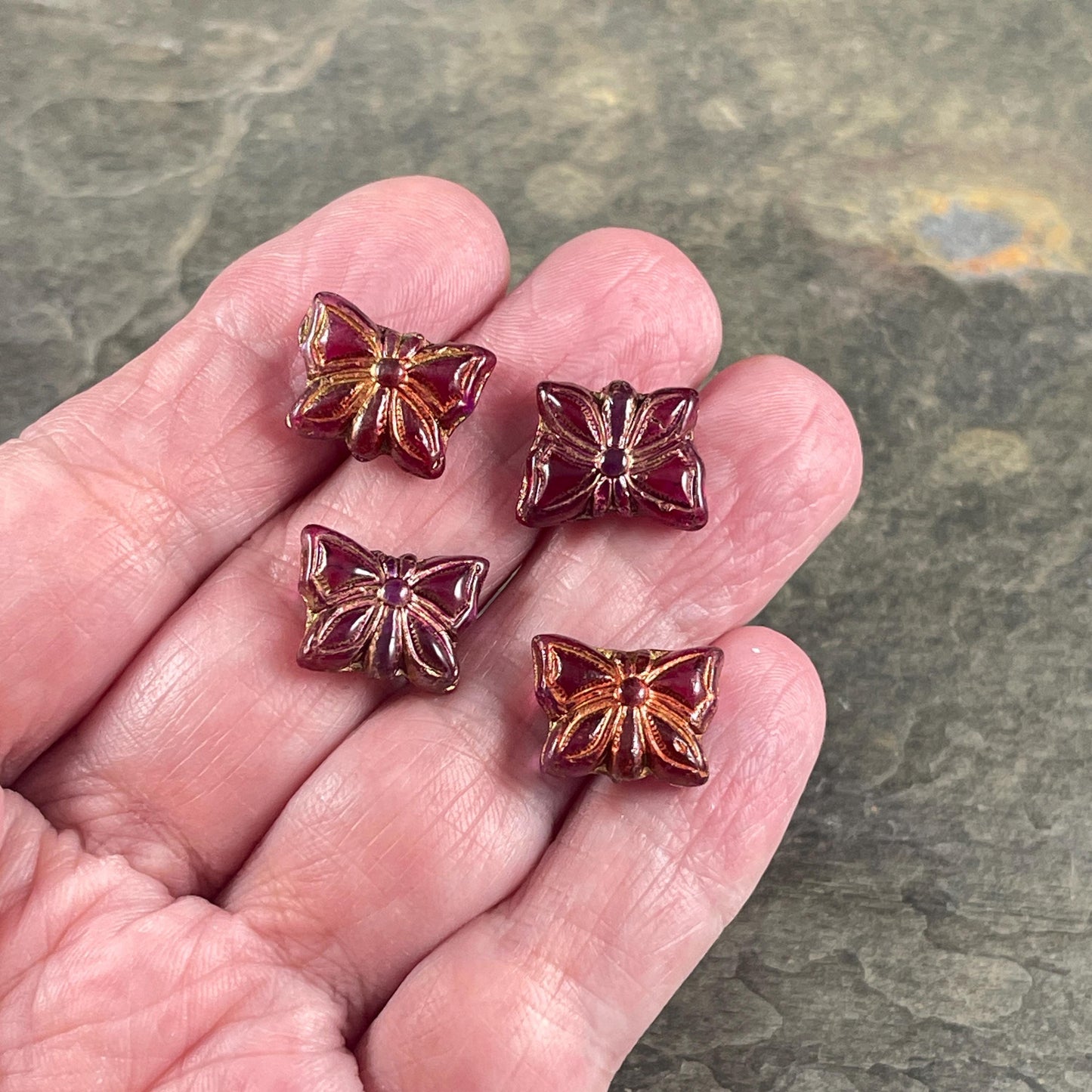 Czech Glass Beads, 15x12mm Double-Sided Butterfly Bead, Fuchsia Butterflies with Copper Wash (Bfly-10) * Qty. 6