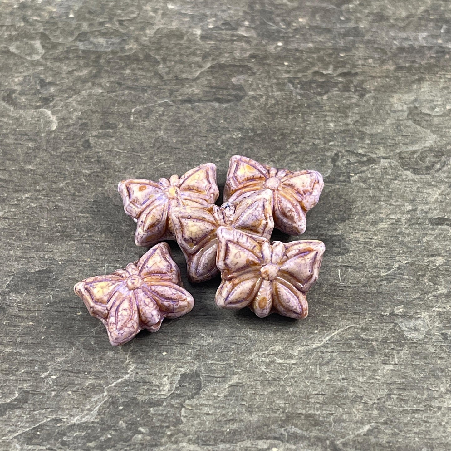 Czech Glass Butterfly Beads, 15x12mm Double-Sided, Alabaster with Lavender Picasso (Bfly-6) * Qty. 6
