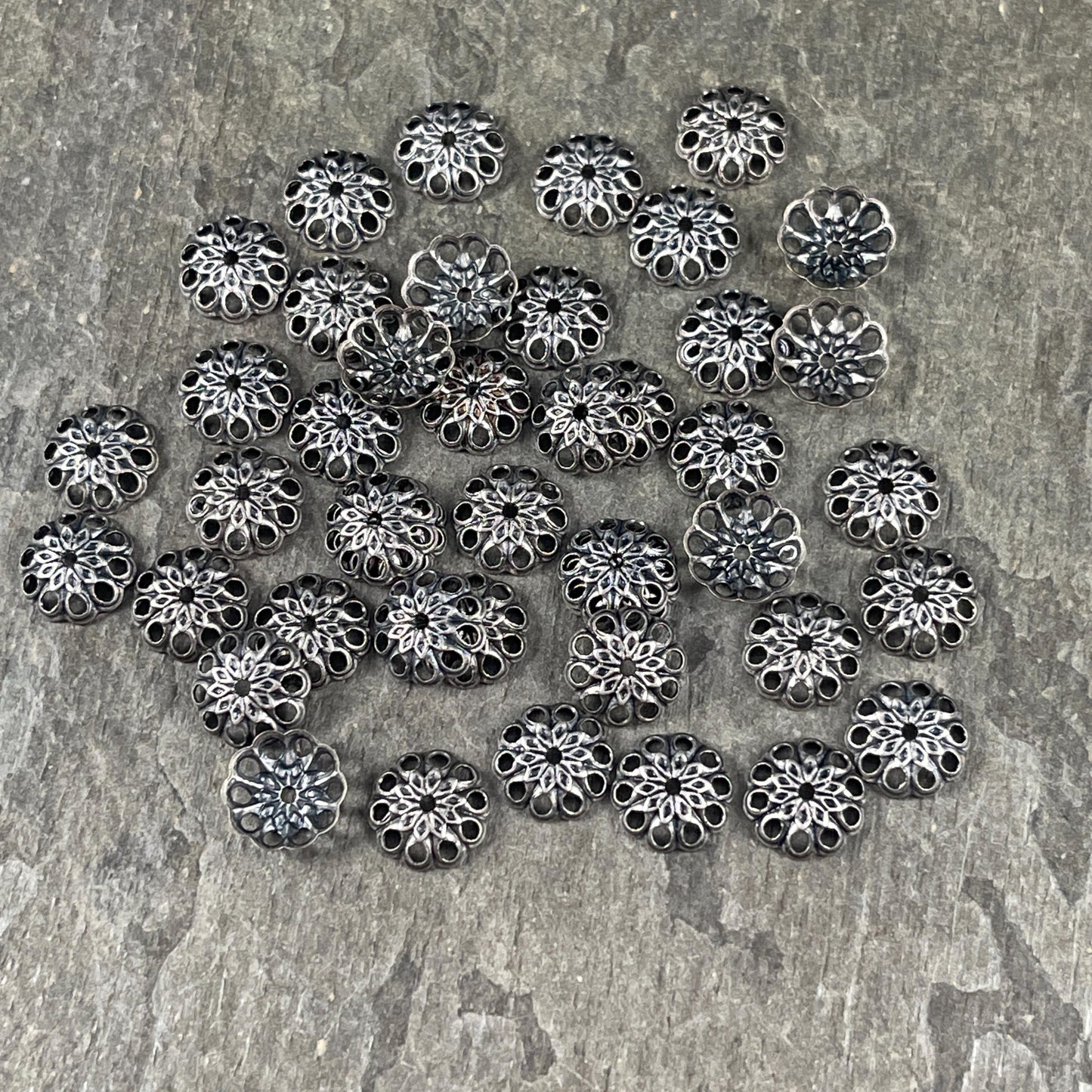 8mm Silver Bead Caps Filigree Bead Caps Low Profile Lacy Bead Caps Antiqued Silver Plated Brass Bead Caps (BC-5634) * Qty. 50