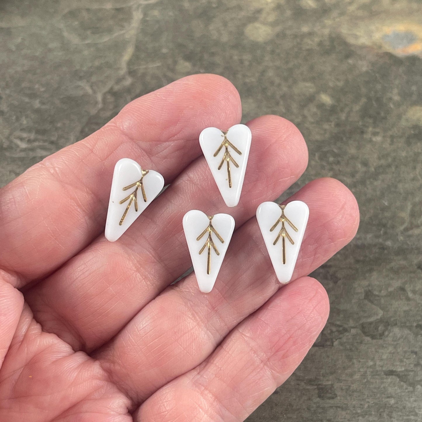 Czech Glass Beads, 16x11mm Elongated Heart Shape Beads, White with Antiqued Gold Wash (PHL10) * Qty. 8