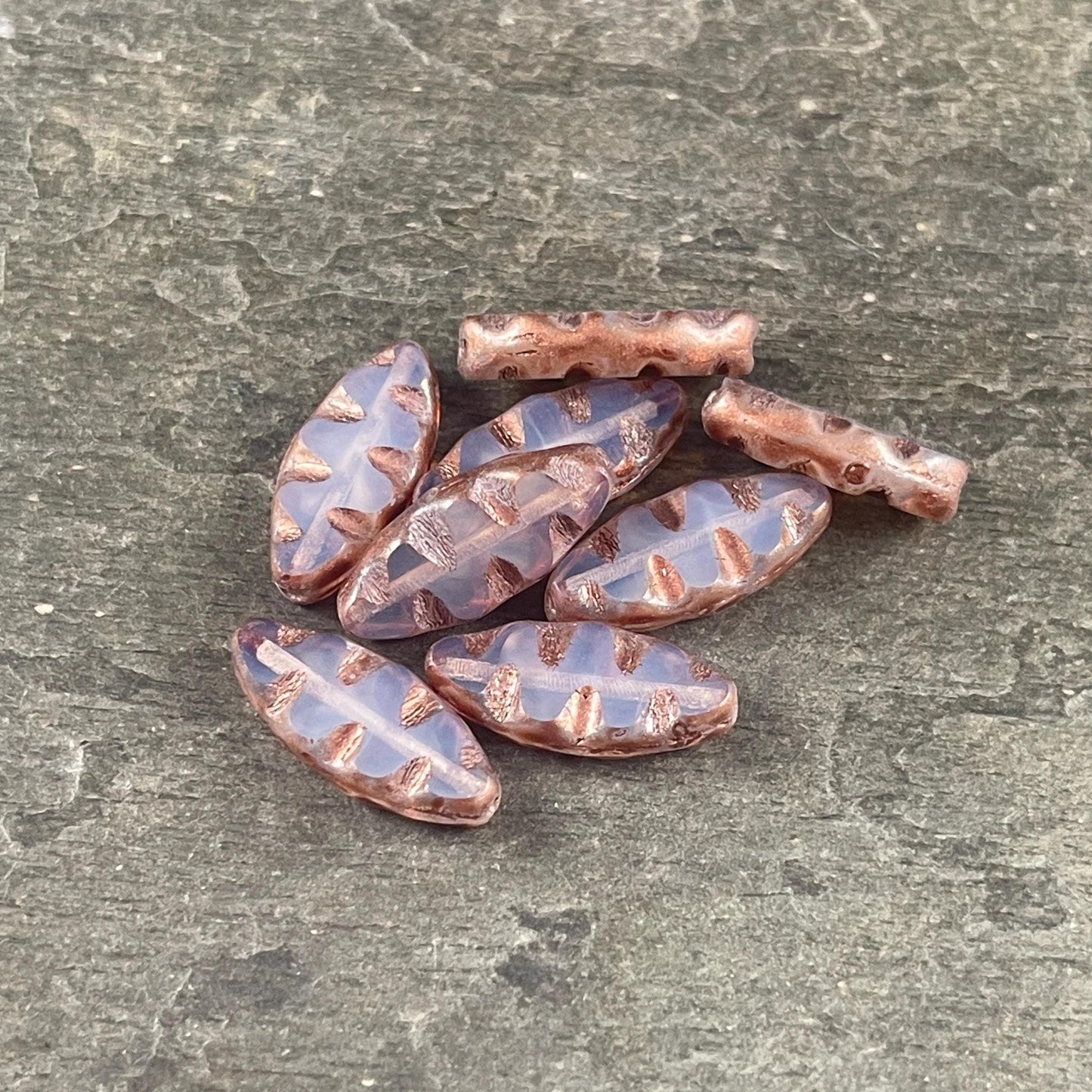 Czech Glass Beads - 17x8mm Table Cut Spindle, Pale Periwinkle Opal with Copper Picasso (TSpndl-15) * Qty. 8