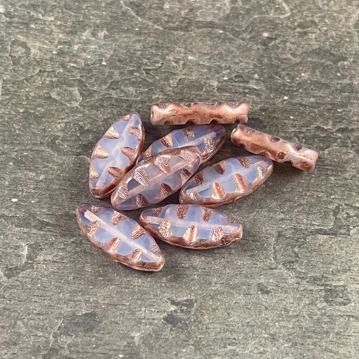 Czech Glass Beads - 17x8mm Table Cut Spindle, Pale Periwinkle Opal with Copper Picasso (TSpndl-15) * Qty. 8