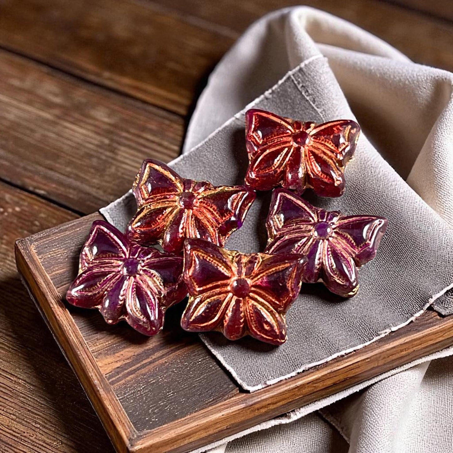 Czech Glass Beads, 15x12mm Double-Sided Butterfly Bead, Fuchsia Butterflies with Copper Wash (Bfly-10) * Qty. 6