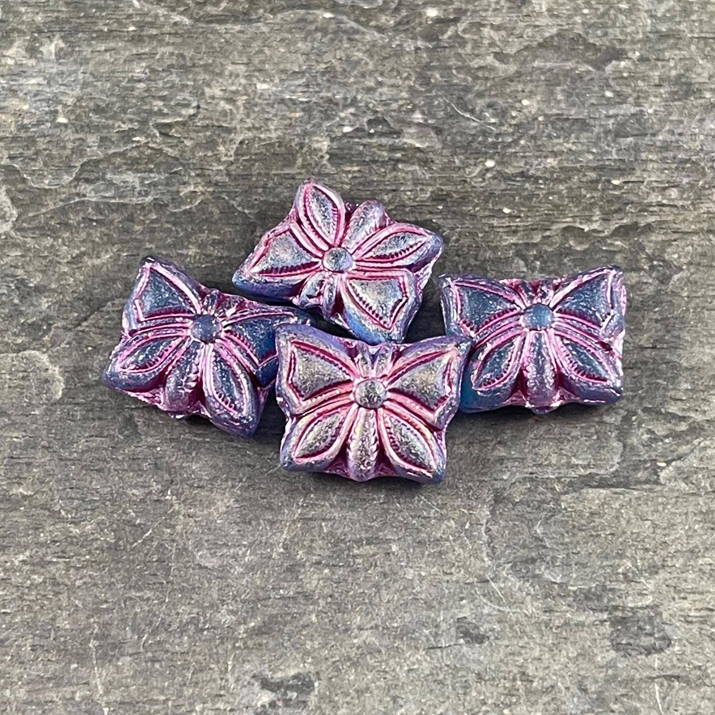 Czech Glass Beads, 15x12mm Double-Sided Butterfly Bead, Matte Royal Blue with Metallic Pink Wash (Bfly-9) * Qty. 6
