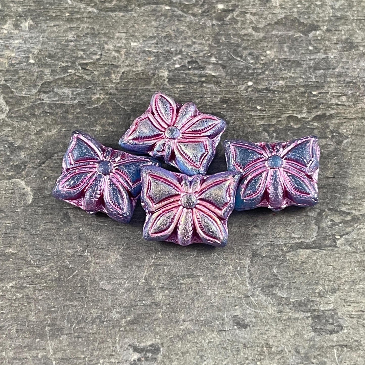 Czech Glass Butterfly Beads, 15x12mm Double-Sided, Matte Royal Blue with Metallic Pink Wash (Bfly-9) * Qty. 6