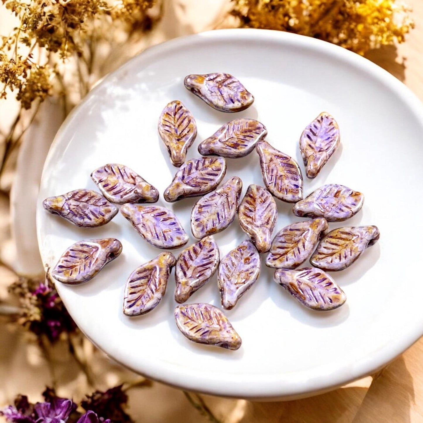 Czech Glass Beads - 12x6mm Briolette Leaf Bead, Alabaster with Lavender and Travertine Picasso (Bay9) * 20 Beads