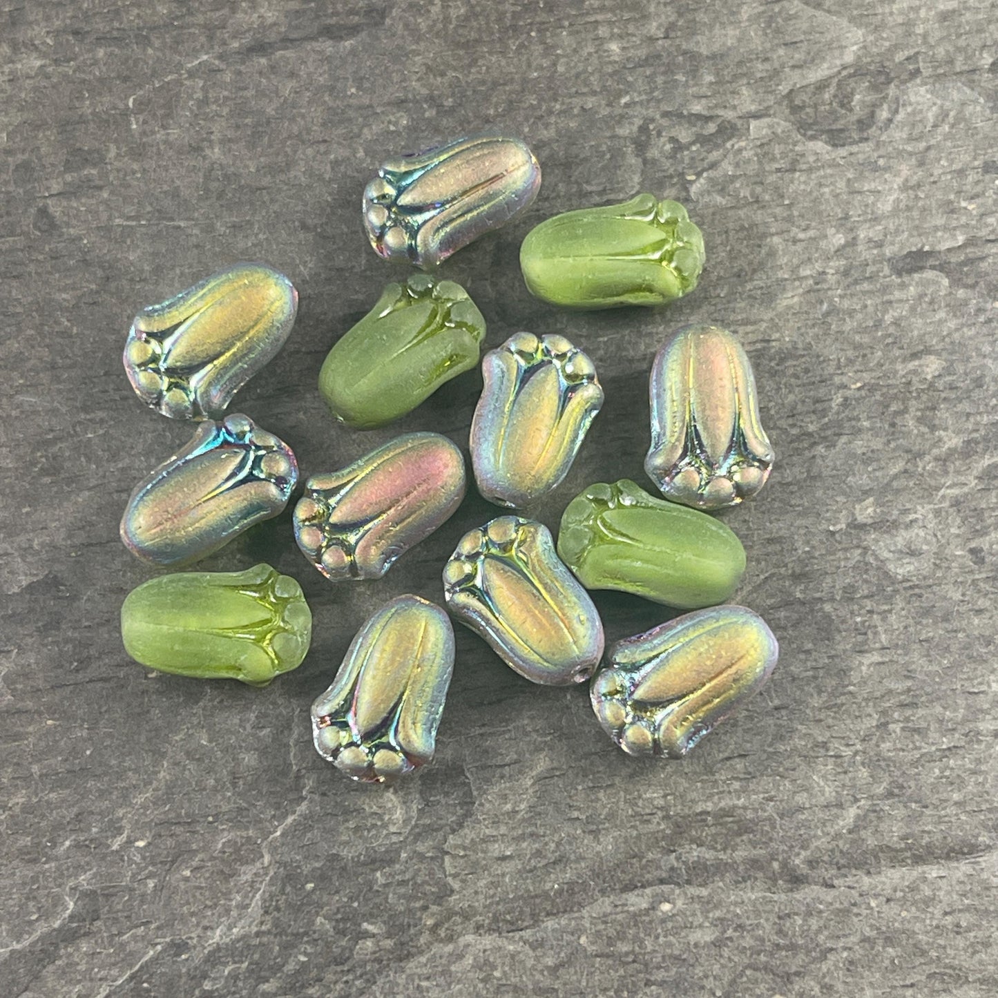 Czech Glass Beads - 12x8mm Lily Bud Flower, Matte Peridot Green with Vitrail (LBud50) * Qty. 12
