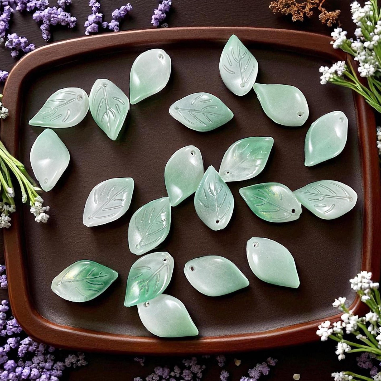 Green and White Glass Leaf Beads, Top Drilled, 18x11mm Wavy Leaf Bead (SGW-18x11) * Qty. 15 beads