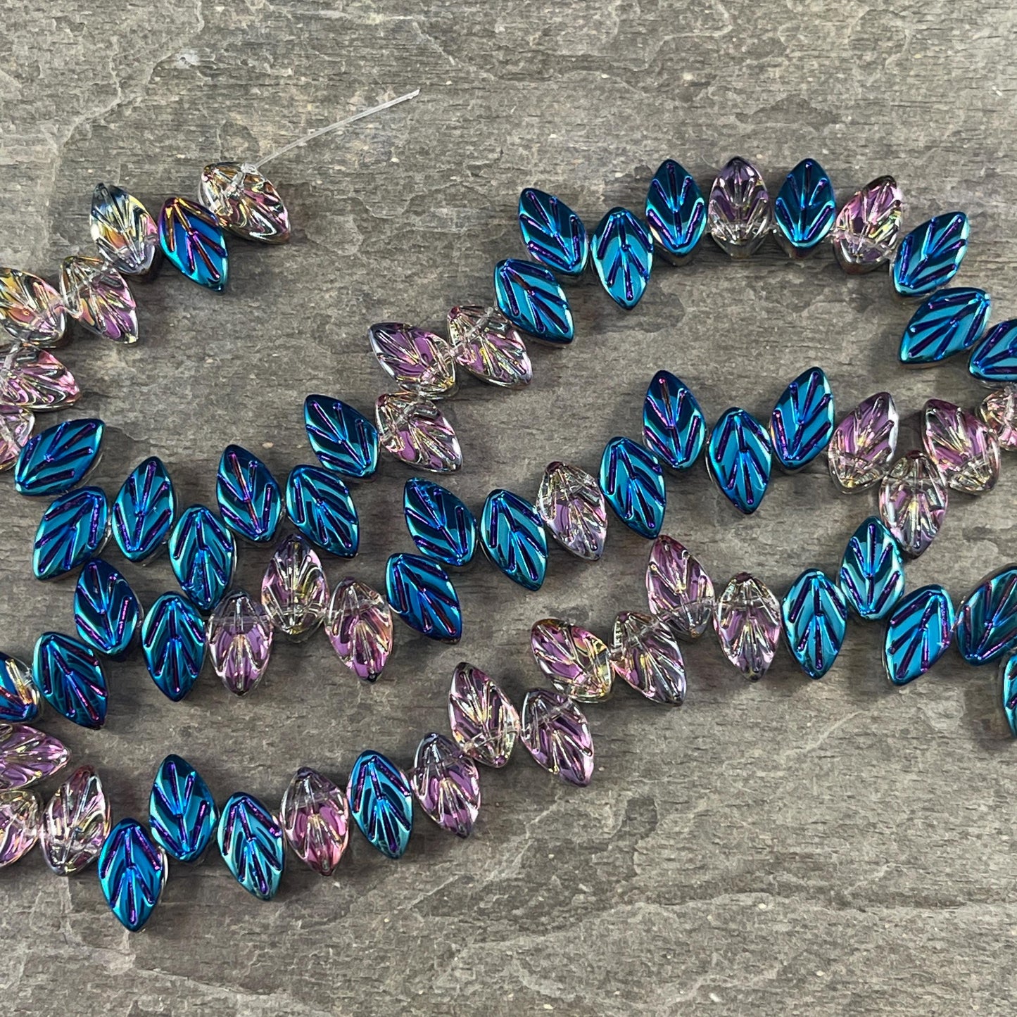 Metallic Blue Vitrail Glass Leaf Beads, Briolette Style Leaf (3223GL) * Qty. 20 beads