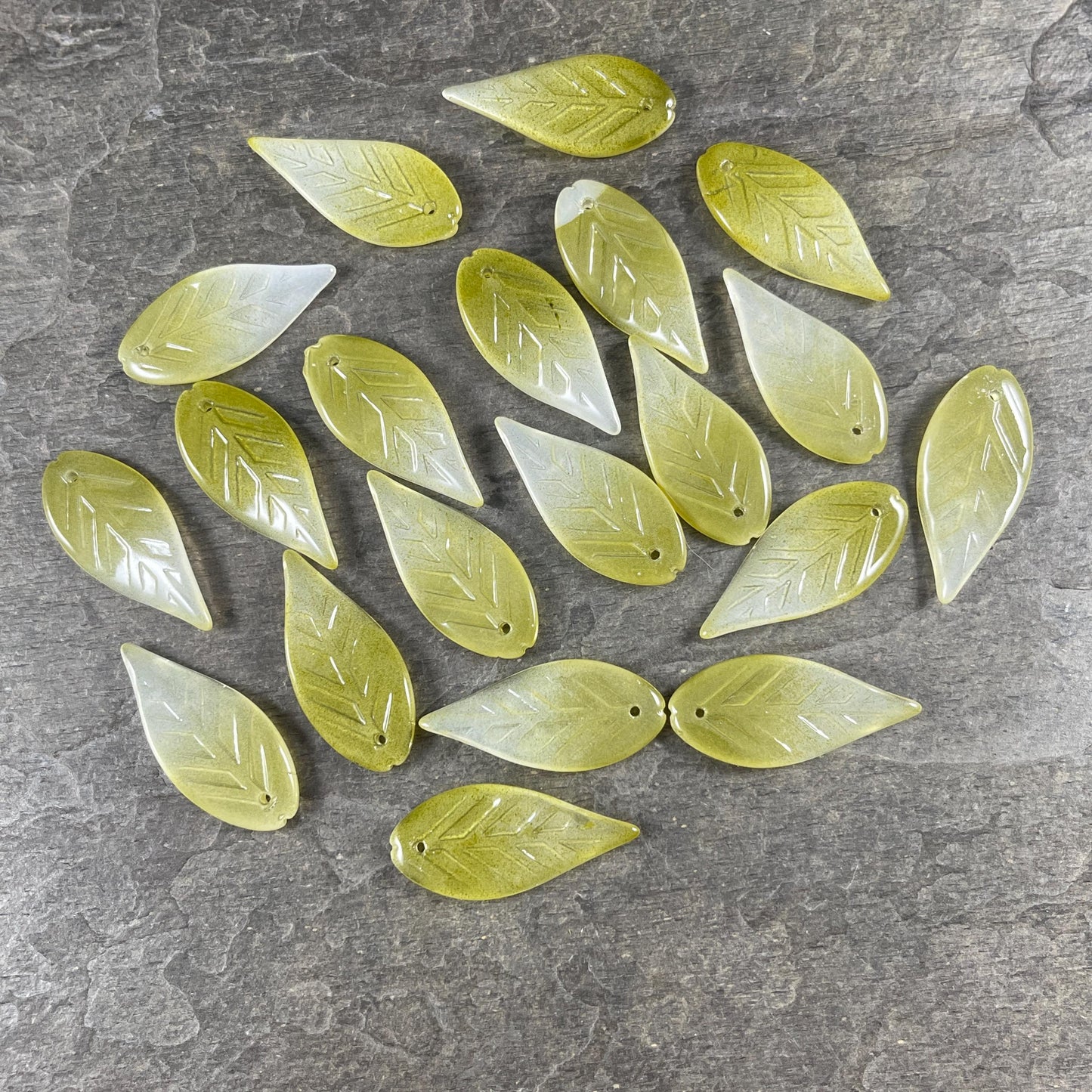 Olive Green Glass Leaf Beads, Top Drilled, 32x14mm Wavy Leaf Bead (OGW-32x14) * 15 Beads