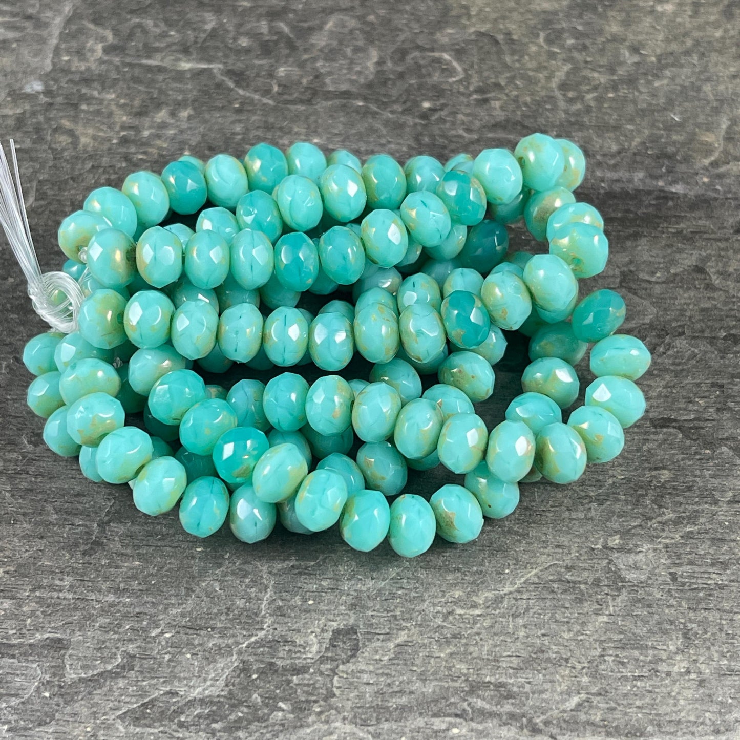 Czech Glass Rondelles, 7x5mm Opaque Tea Green, Light Turquoise Blue with Picasso (R7/N-0888v2) * Qty. 25