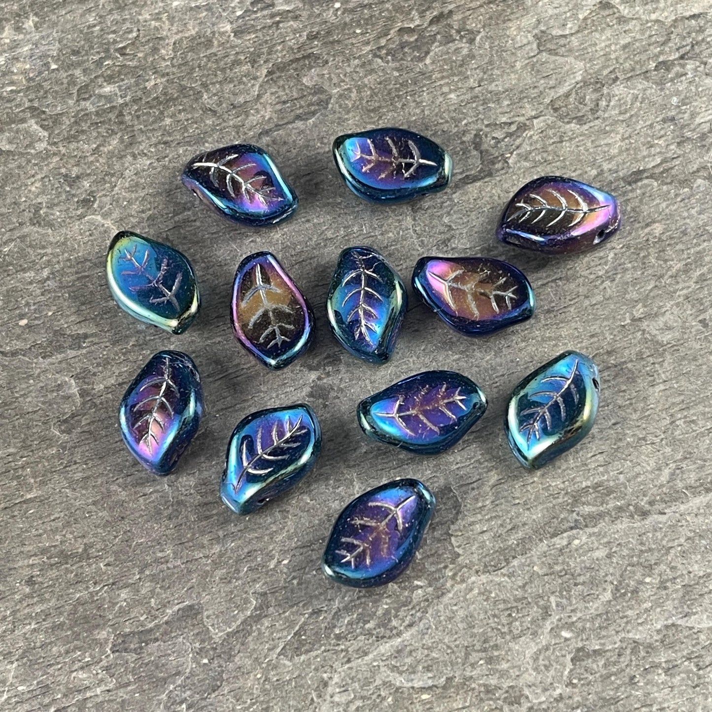 Czech Glass Beads - 15x10mm Wavy Briolette Leaf, Metallic Blue Iris Leaf Bead (FMG-7685MD) * Qty. 12