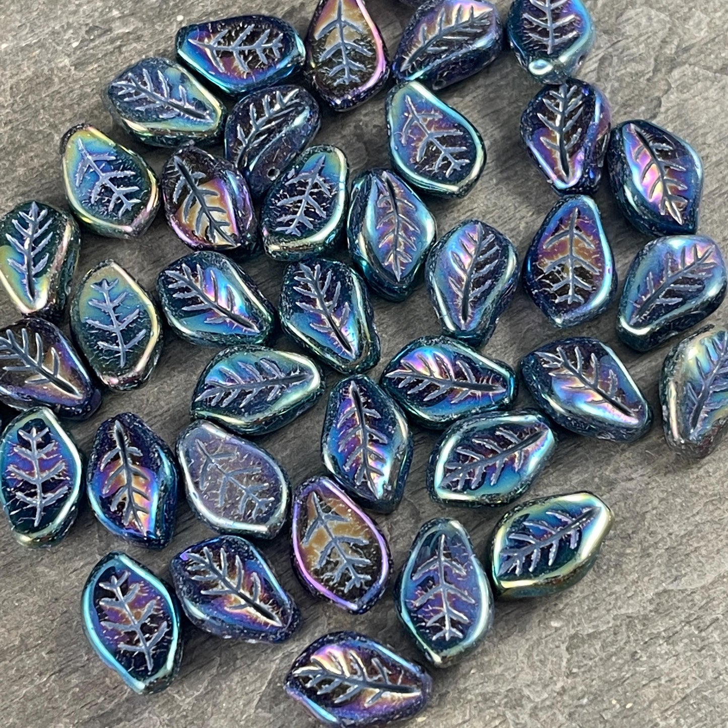 Czech Glass Beads - 15x10mm Wavy Briolette Leaf, Metallic Green Iris Leaf Bead (FMG-7686MD) * Qty. 12