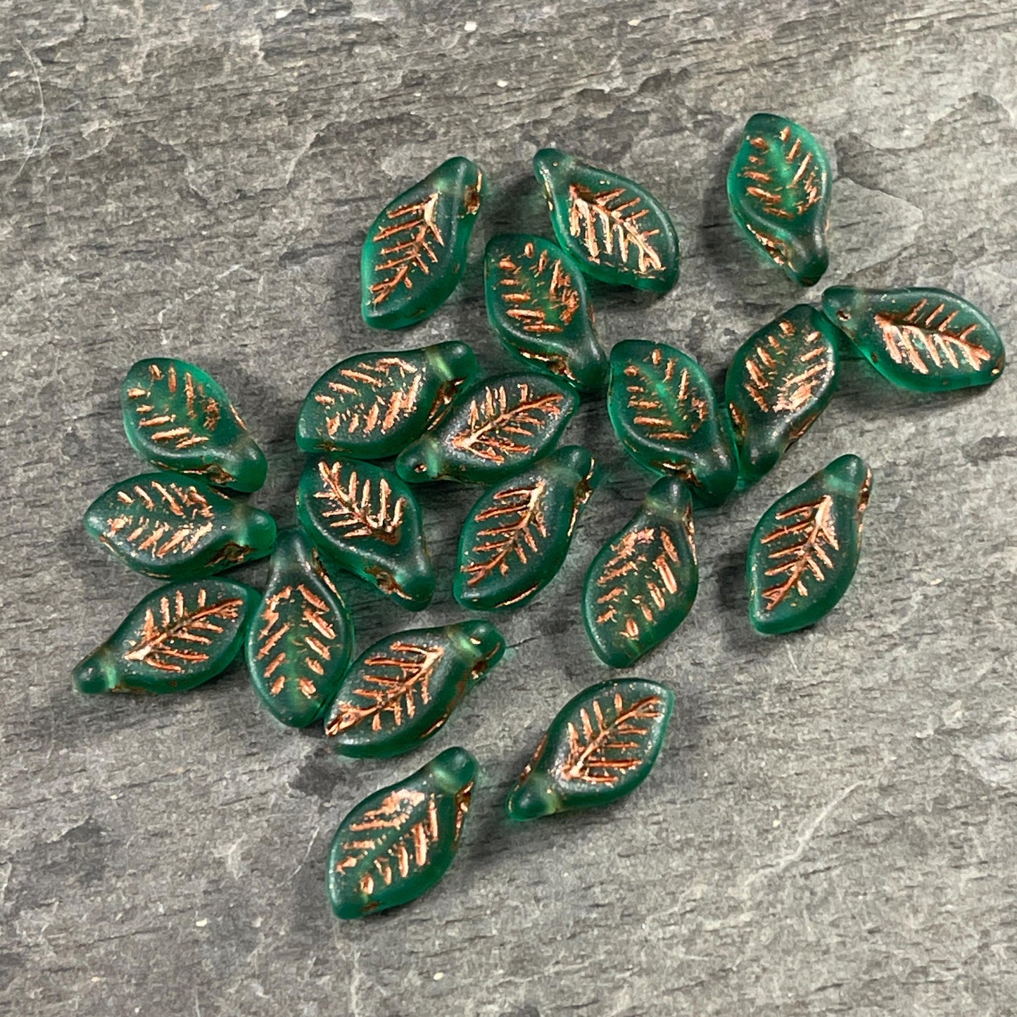Czech Glass - 12x6mm Briolette Leaf Beads, Matte Emerald Green (Bay5) * 20 Beads
