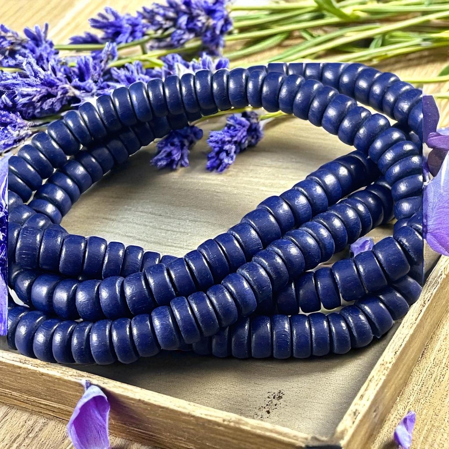 Navy Blue Wooden Beads, 8mm Dark Blue Rondelle Beads (9580) * 16" Strand
