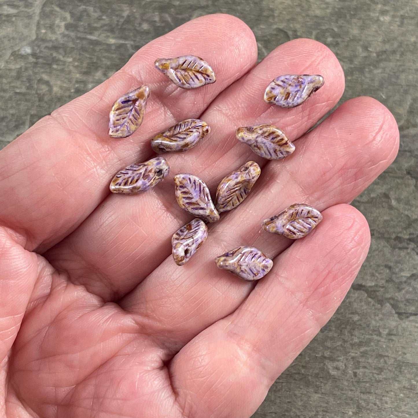 Czech Glass Beads - 12x6mm Briolette Leaf Bead, Alabaster with Lavender and Travertine Picasso (Bay9) * 20 Beads