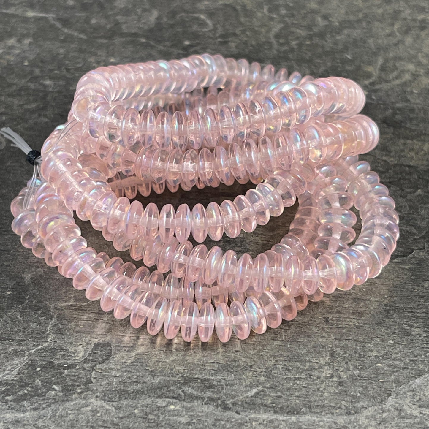 Czech Glass Beads - 6x2mm Heishi Rondelle, Transparent Pale Pink with AB Finish (DSC/N-0385) * Qty. 50