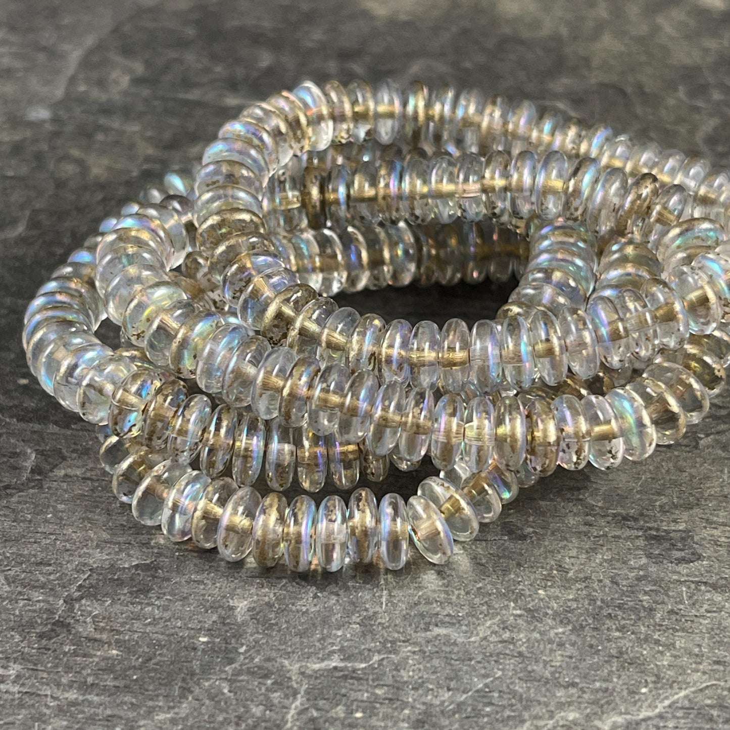 Czech Glass Beads - 6x2mm Heishi Rondelle, Transparent Clear Glass with AB Finish and Gold Wash (DSC/N-2092) * Qty. 50