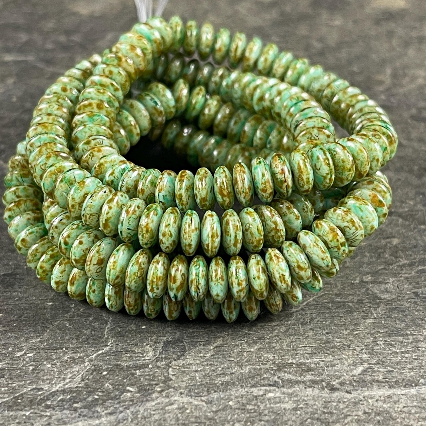 Czech Glass Beads - 6x2mm Heishi Rondelle, Sea Green with Picasso Finish (DSC/N-0422) * Qty. 50