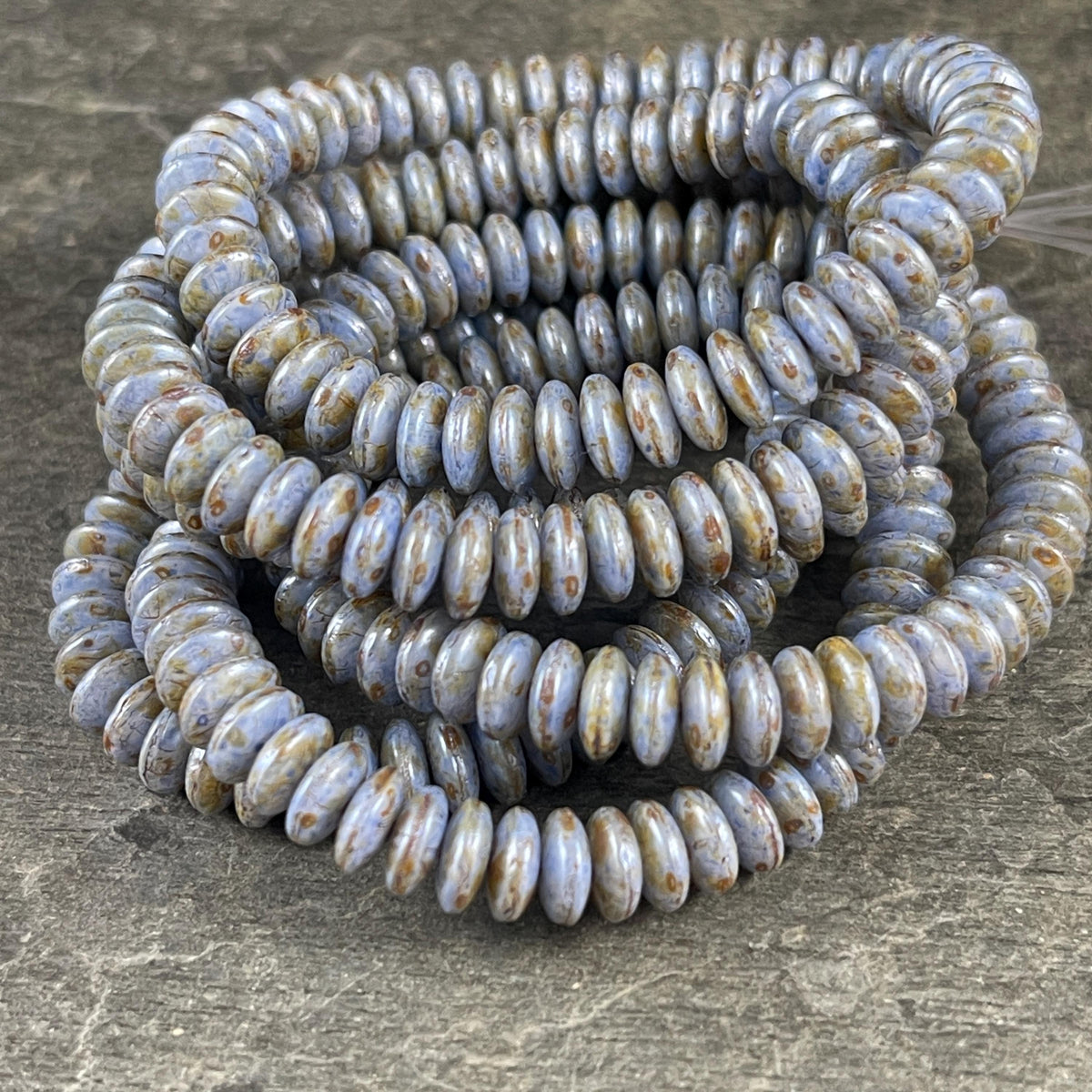 Czech Glass Beads - 6x2mm Heishi Rondelle, Cornflower Blue Picasso (DSC/N-0534) * Qty. 50