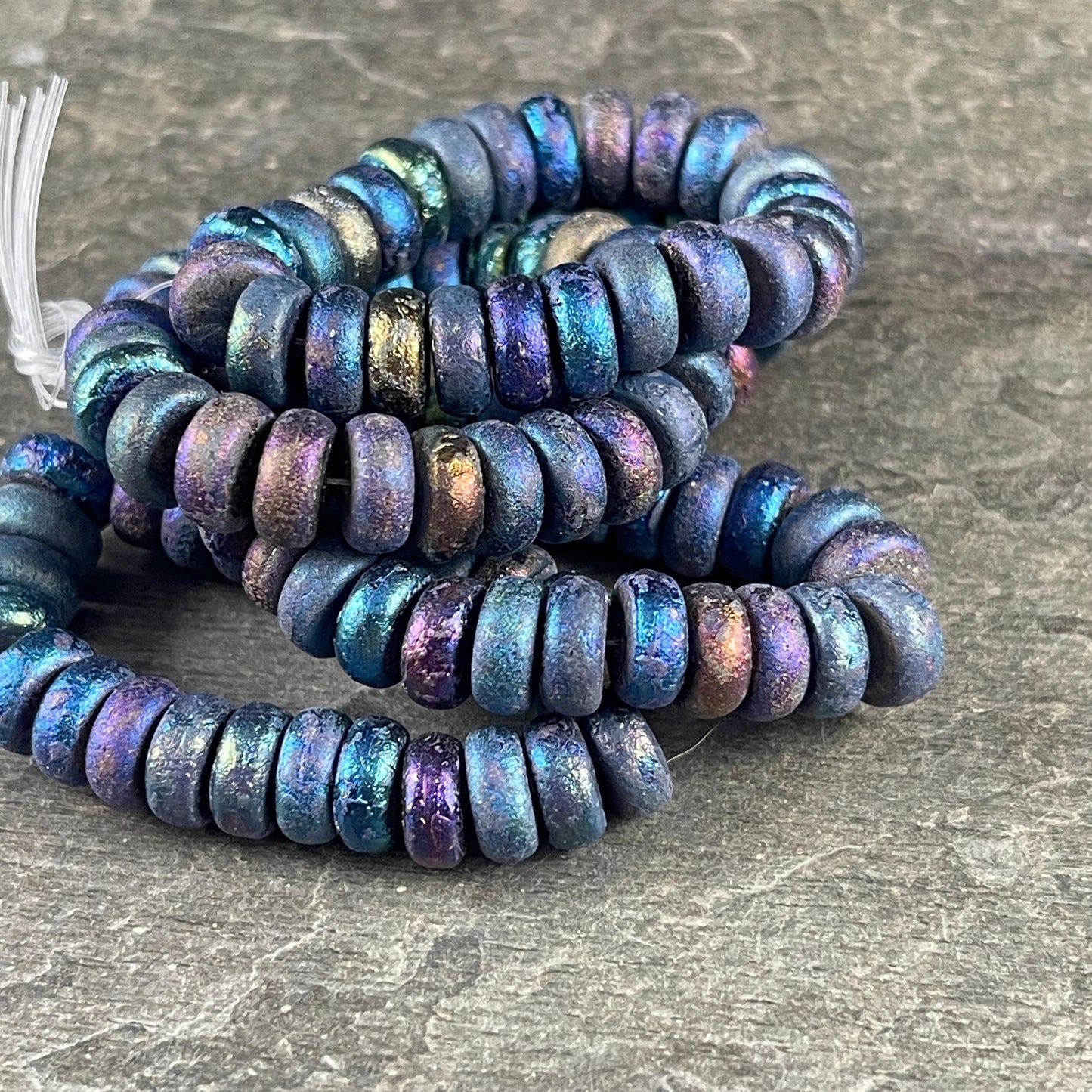 Czech Glass Beads, 4x8mm Blue Iris Heishi Rondelle, Etched Mother of Pearl Iridescent Beads (HSH/N-1941) * 25 Beads