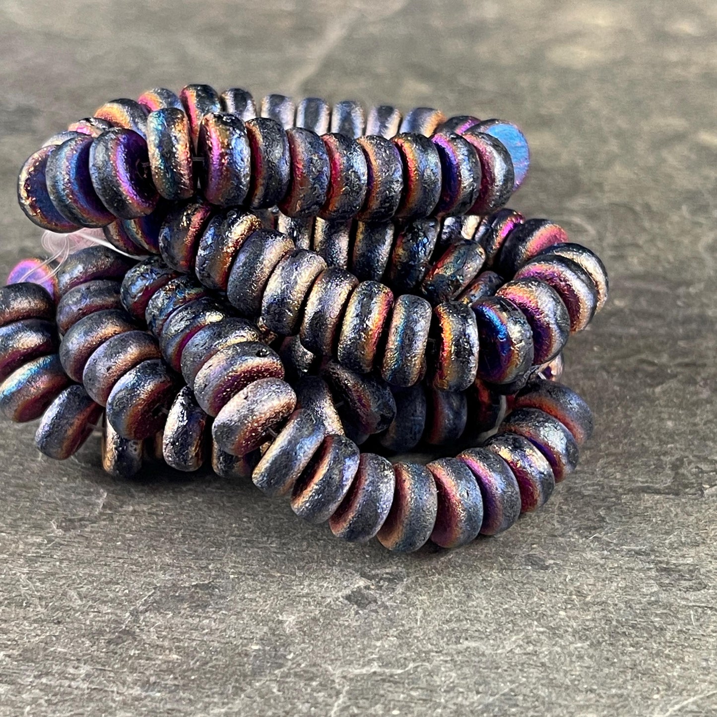 Czech Glass Beads, 4x8mm Rondelle, Etched Black with Metallic Volcano Finish (HSH/N-0191) * 25 Beads